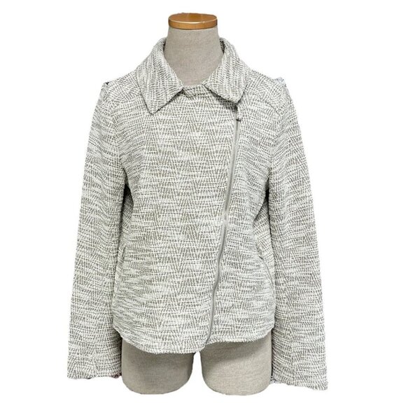 Max Studio Nordstrom NWT Jacket Diagonal Zip Knit Collar Tan White Size Large L - Picture 1 of 17